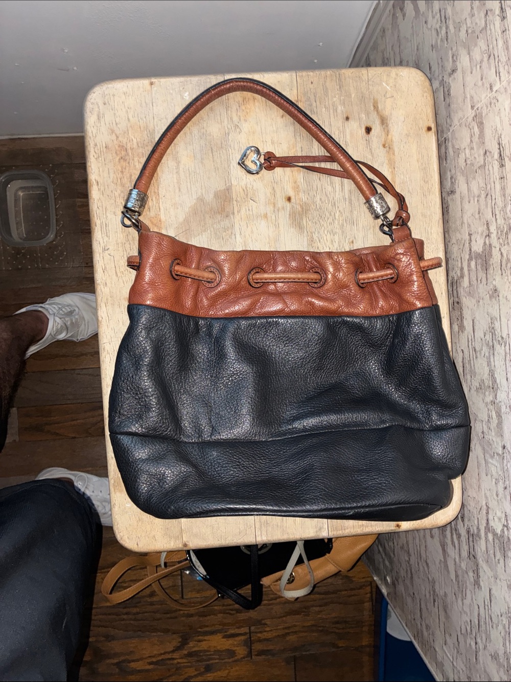 Brighton Black Leather Bucket Hobo with Brown Trim - Picture 5 of 9